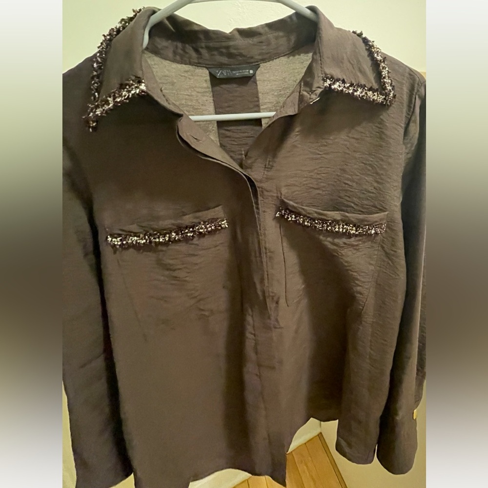 Zara Brown Button Down Shirt with Embellished Collar